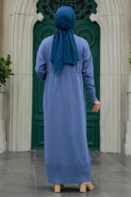 Neva Style - İndigo Mavisi Tesettür Merserize Elbise 10158IM - Thumbnail