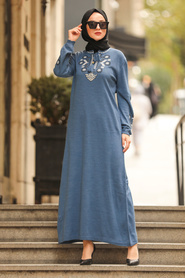 Neva Style - İndigo Mavisi Tesettür Triko Elbise 23120IM - Thumbnail