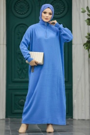 Neva Style - İndigo Mavisi Tesettür Triko Elbise 34310IM - Thumbnail