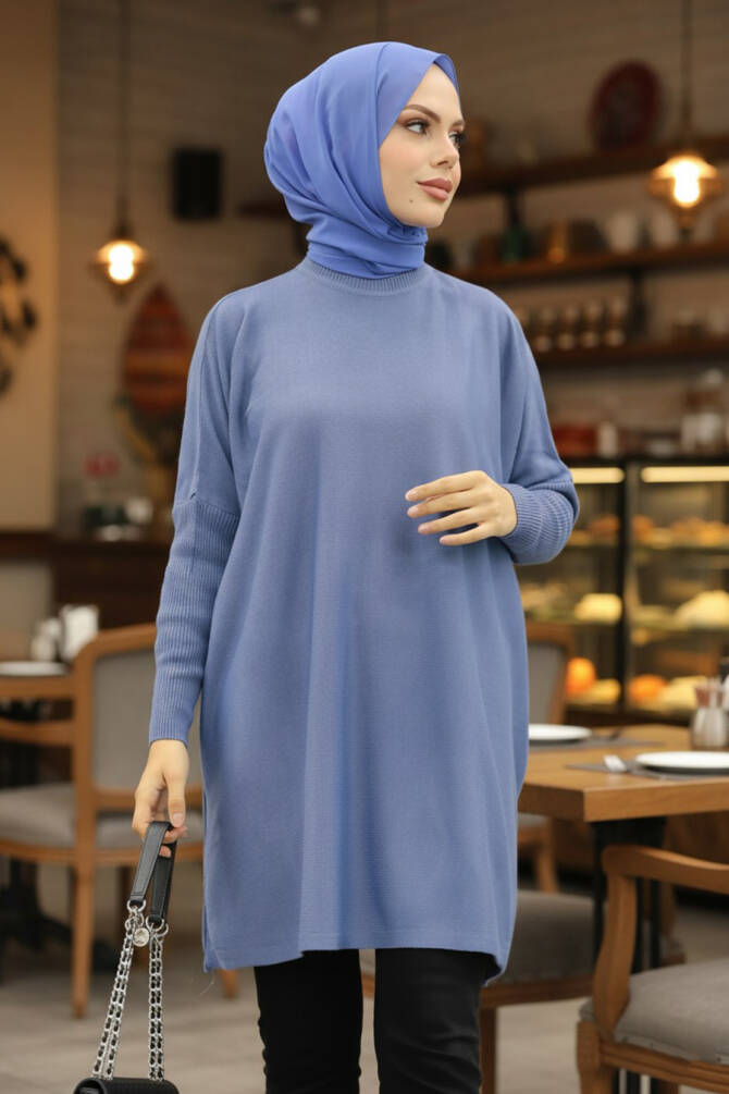  İndigo Mavisi Tesettür Triko Panço 3399IM - 1