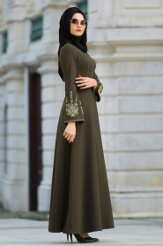 Neva Style - İşlemeli Volan Kol Haki Tesettür Abiye Elbise 10586HK - Thumbnail