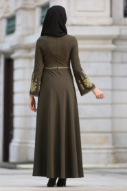 Neva Style - İşlemeli Volan Kol Haki Tesettür Abiye Elbise 10586HK - Thumbnail