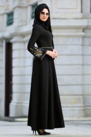 Neva Style - İşlemeli Volan Kol Siyah Tesettür Abiye Elbise 10586S - Thumbnail