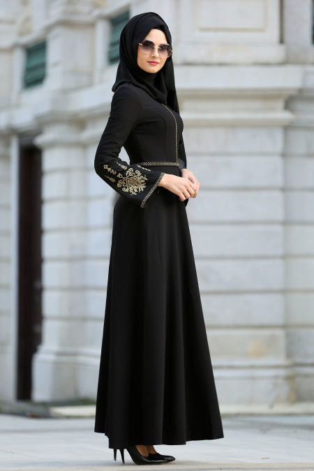 Neva Style - İşlemeli Volan Kol Siyah Tesettür Abiye Elbise 10586S
