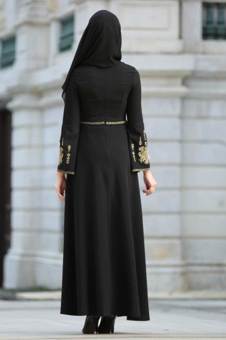 Neva Style - İşlemeli Volan Kol Siyah Tesettür Abiye Elbise 10586S - 2