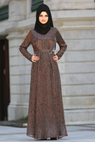 Neva Style - Kahverengi Tesettür Abiye Elbise 3560KH - Thumbnail