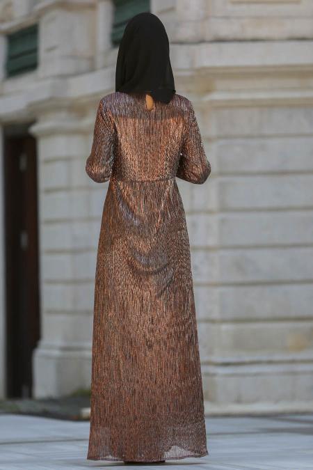 Neva Style - Kahverengi Tesettür Abiye Elbise 3560KH - 2