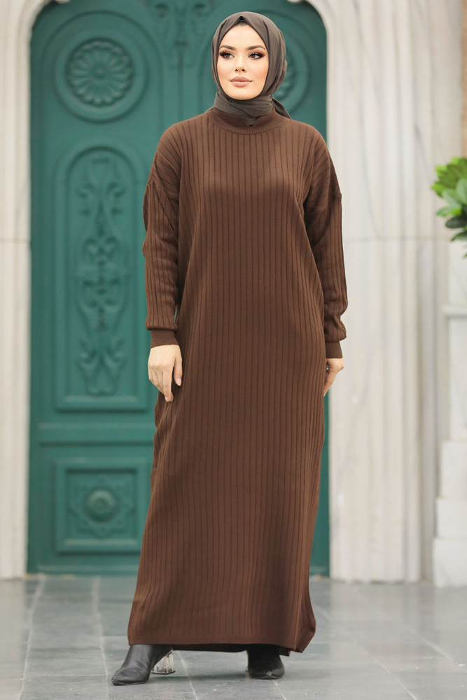 Neva Style - Kahverengi Tesettür Triko Elbise 20161KH - 2