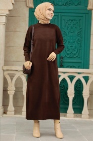 Neva Style - Kahverengi Tesettür Triko Elbise 3409KH - Thumbnail