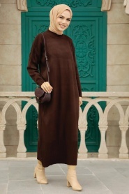 Neva Style - Kahverengi Tesettür Triko Elbise 3409KH - Thumbnail