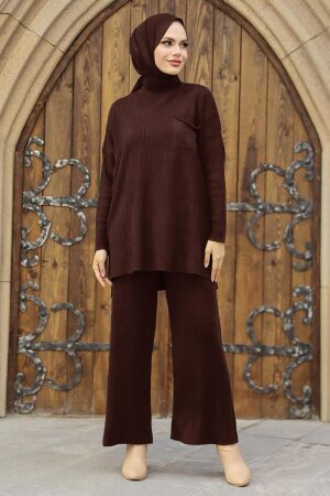 Neva Style - Kahverengi Tesettür Triko İkili Takım 34060KH - 1