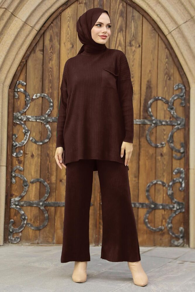 Neva Style - Kahverengi Tesettür Triko İkili Takım 34060KH - 1