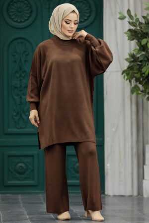 Neva Style - Koyu Kahverengi Tesettür Triko İkili Takım 34262KKH - 1