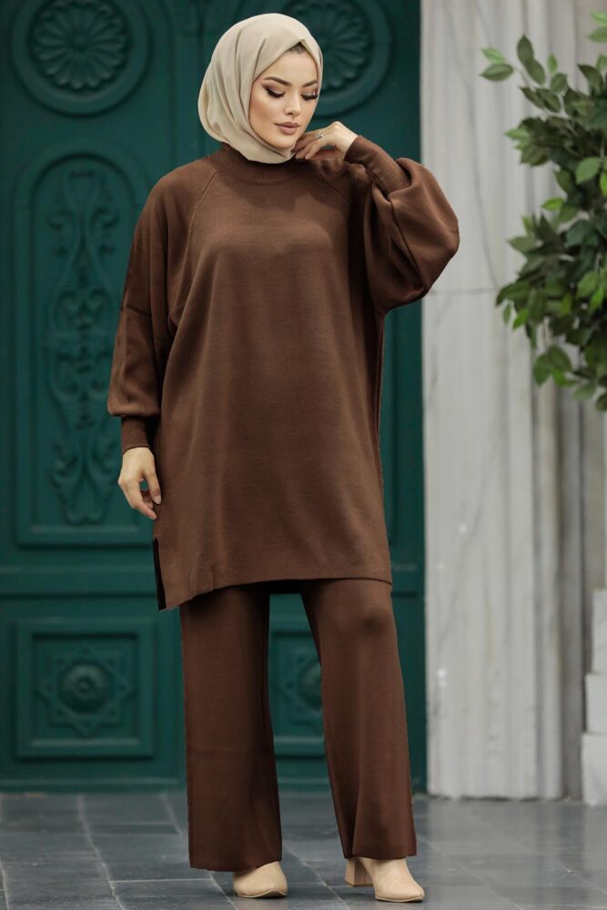 Neva Style - Koyu Kahverengi Tesettür Triko İkili Takım 34262KKH - 1