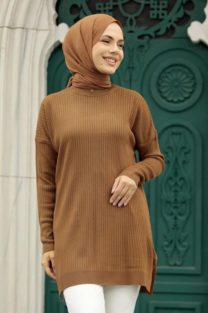 Neva Style - Kahverengi Tesettür Triko Tunik 20132KH - 1