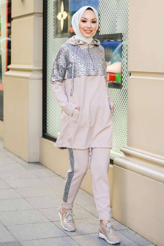Neva Style - Kapşonlu Bej Tesettür İkili Takım 11370BEJ - 1