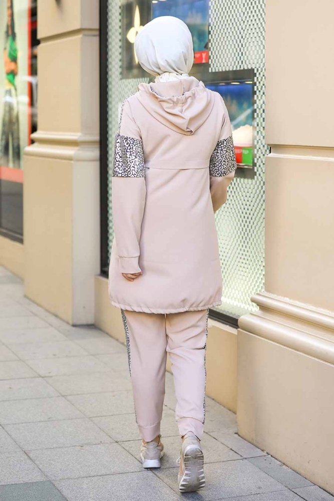 Neva Style - Kapşonlu Bej Tesettür İkili Takım 11370BEJ - 5