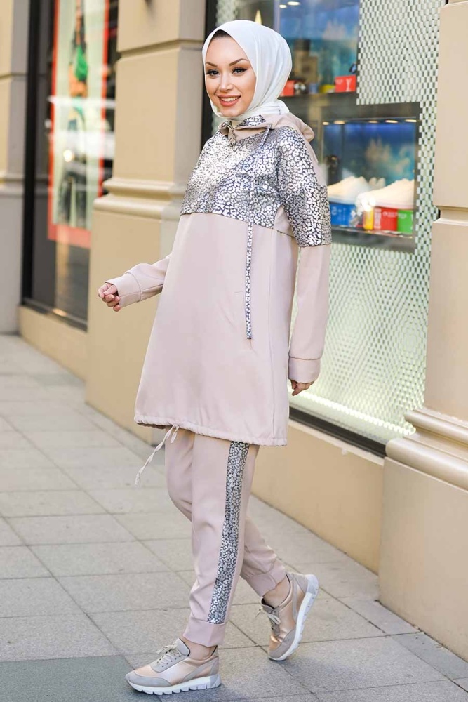Neva Style - Kapşonlu Bej Tesettür İkili Takım 11370BEJ - 3