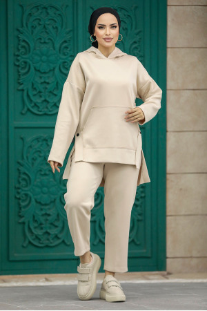 Neva Style - Kapşonlu Bej Tesettür İkili Takım 7124BEJ - 3