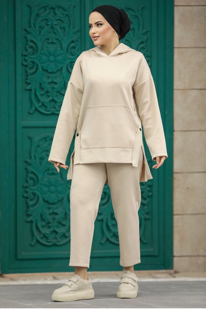 Neva Style - Kapşonlu Bej Tesettür İkili Takım 7124BEJ - 2