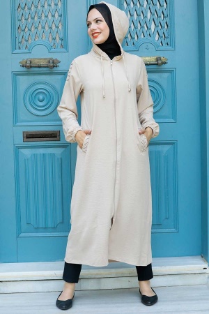 Neva Style - Kapşonlu Bej Tesettür Kap 15630BEJ - 1