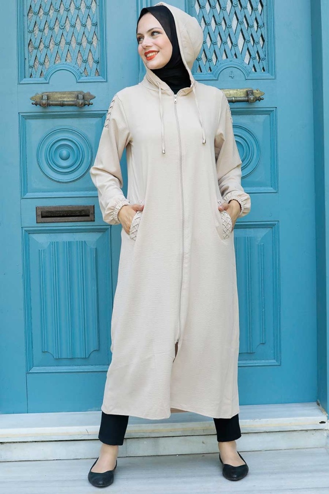 Neva Style - Kapşonlu Bej Tesettür Kap 15630BEJ - 1