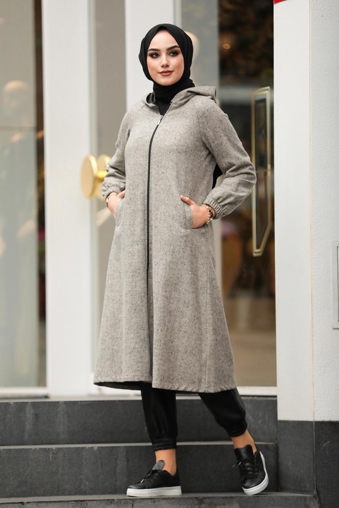 Neva Style - Kapşonlu Bej Tesettür Kap 40081BEJ - 1