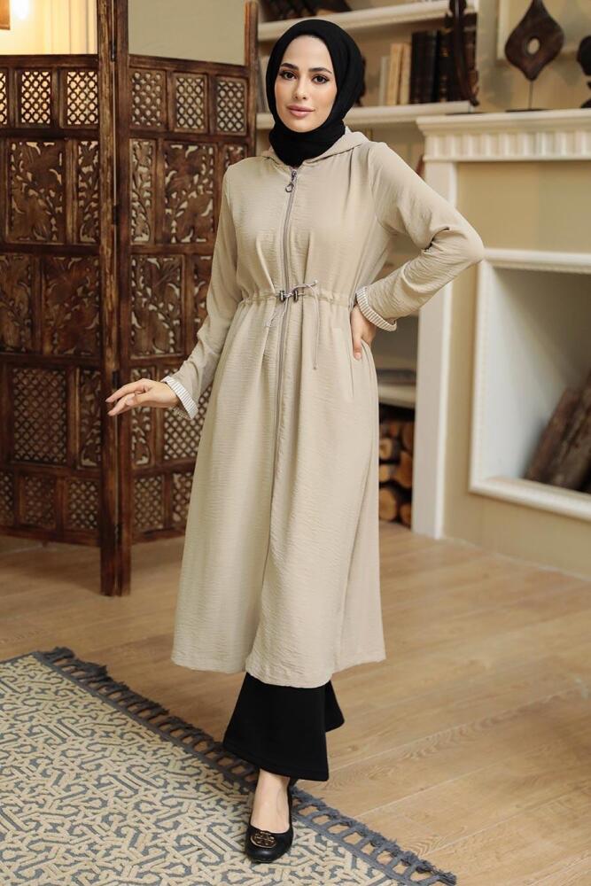 Neva Style - Kapşonlu Bej Tesettür Kap 5721BEJ - 1