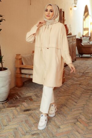 Neva Style - Kapşonlu Bej Tesettür Kap 6220BEJ - 2
