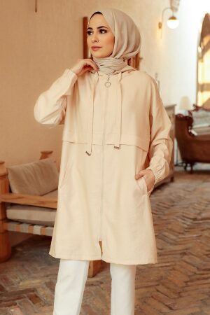 Neva Style - Kapşonlu Bej Tesettür Kap 6220BEJ - 1