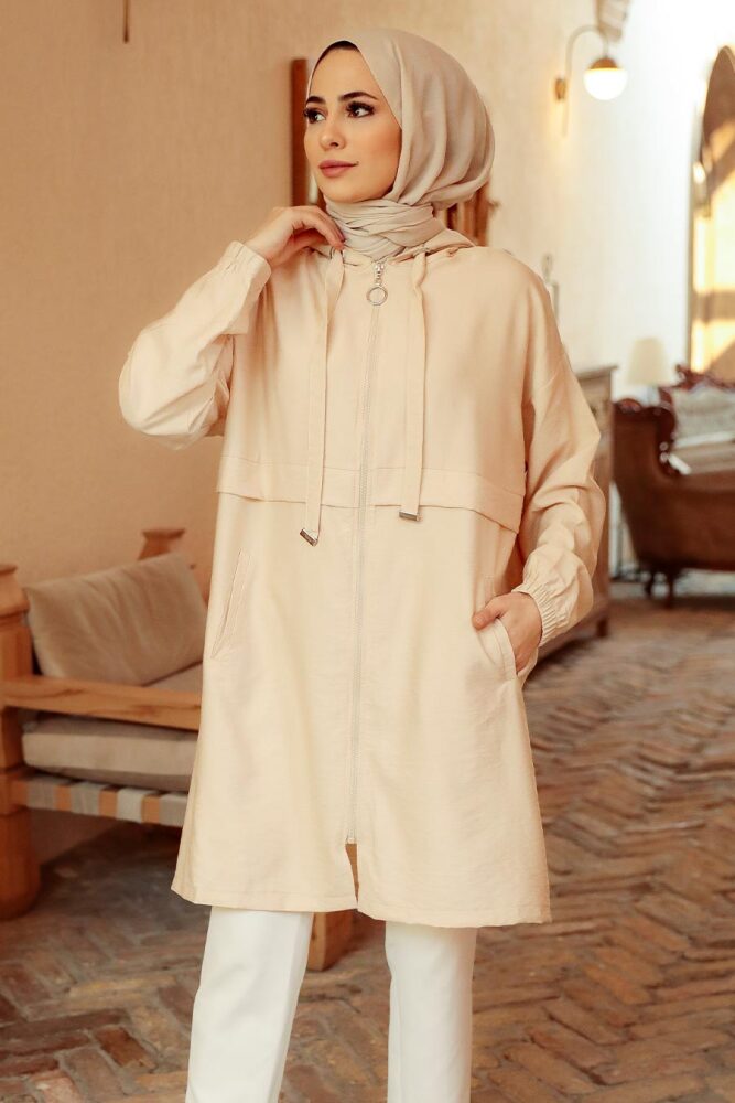 Neva Style - Kapşonlu Bej Tesettür Kap 6220BEJ - 1