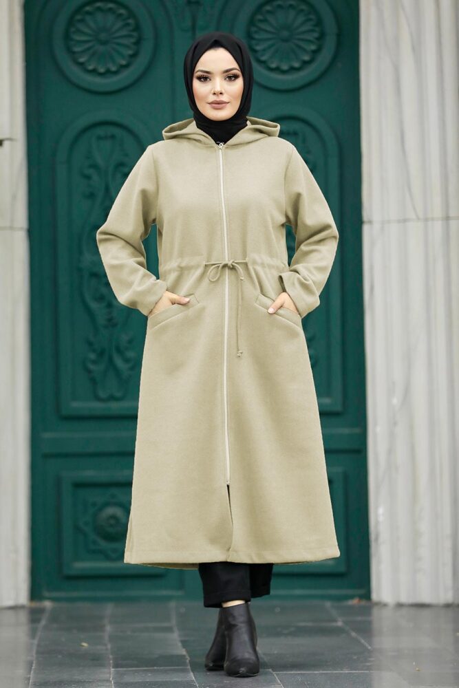 Neva Style - Kapşonlu Bej Tesettür Kaşe Kap 5947BEJ - 1