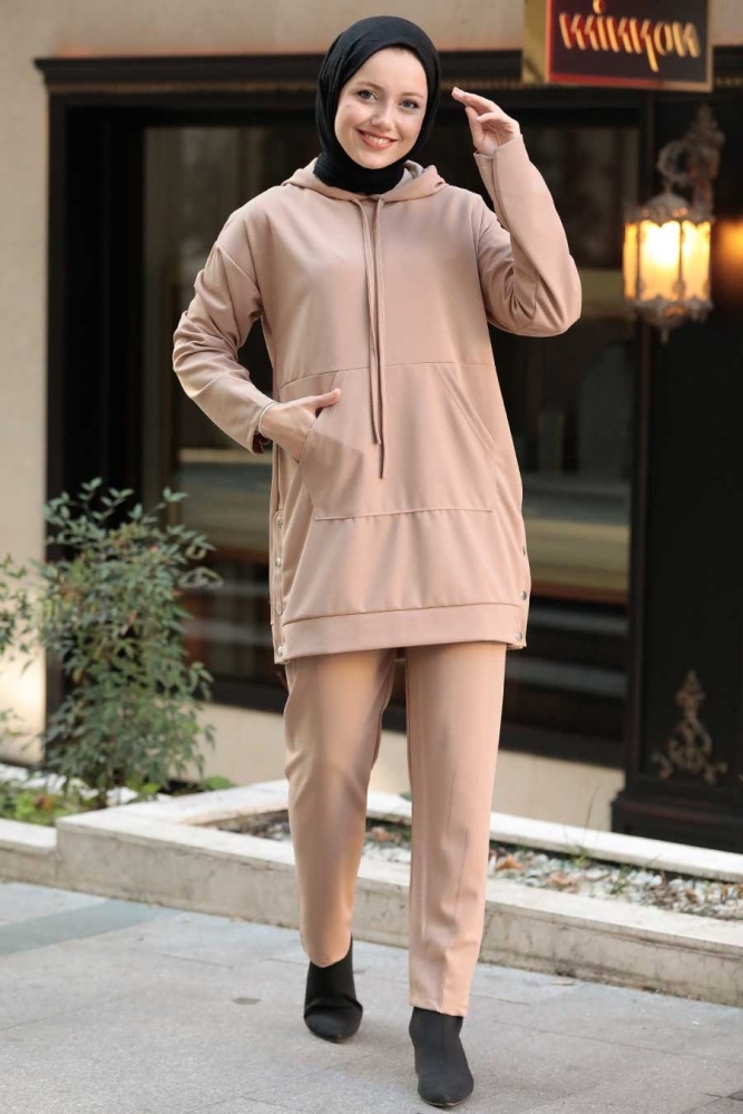 Neva Style - Kapşonlu Bisküvi Tesettür İkili Takım 6902BS - 1