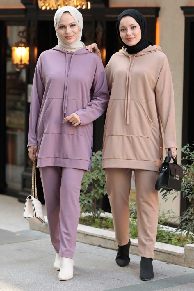Neva Style - Kapşonlu Bisküvi Tesettür İkili Takım 6902BS - 3