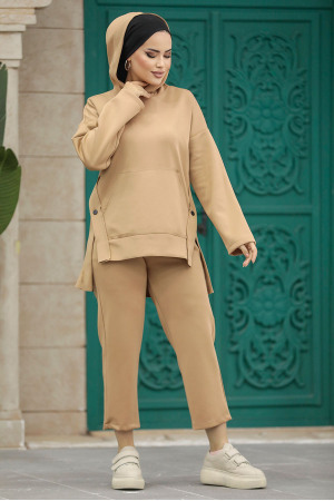 Neva Style - Kapşonlu Bisküvi Tesettür İkili Takım 7124BS - 2