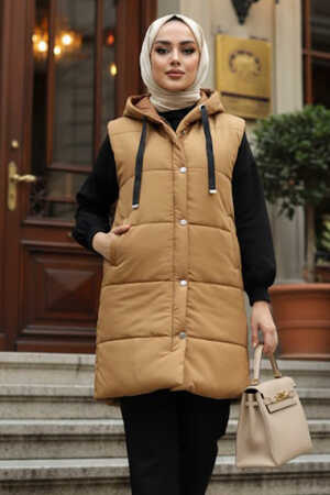  Kapşonlu Bisküvi Tesettür Şişme Yelek 20093BS - NEVA STYLE
