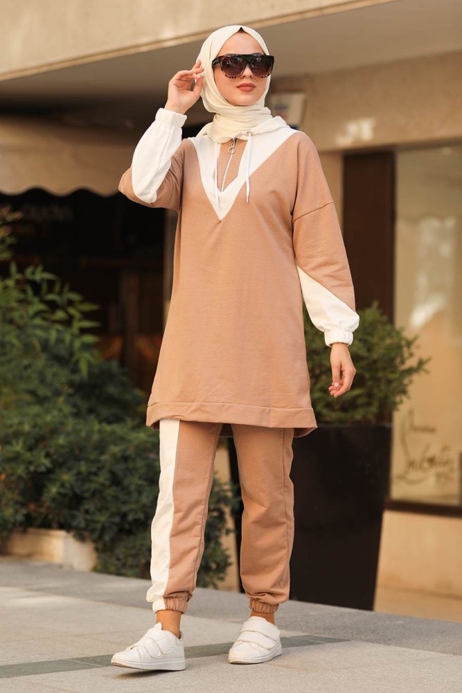 Neva Style - Kapşonlu Bisküvi Tesettür Spor İkili Takım 40276BS - 1