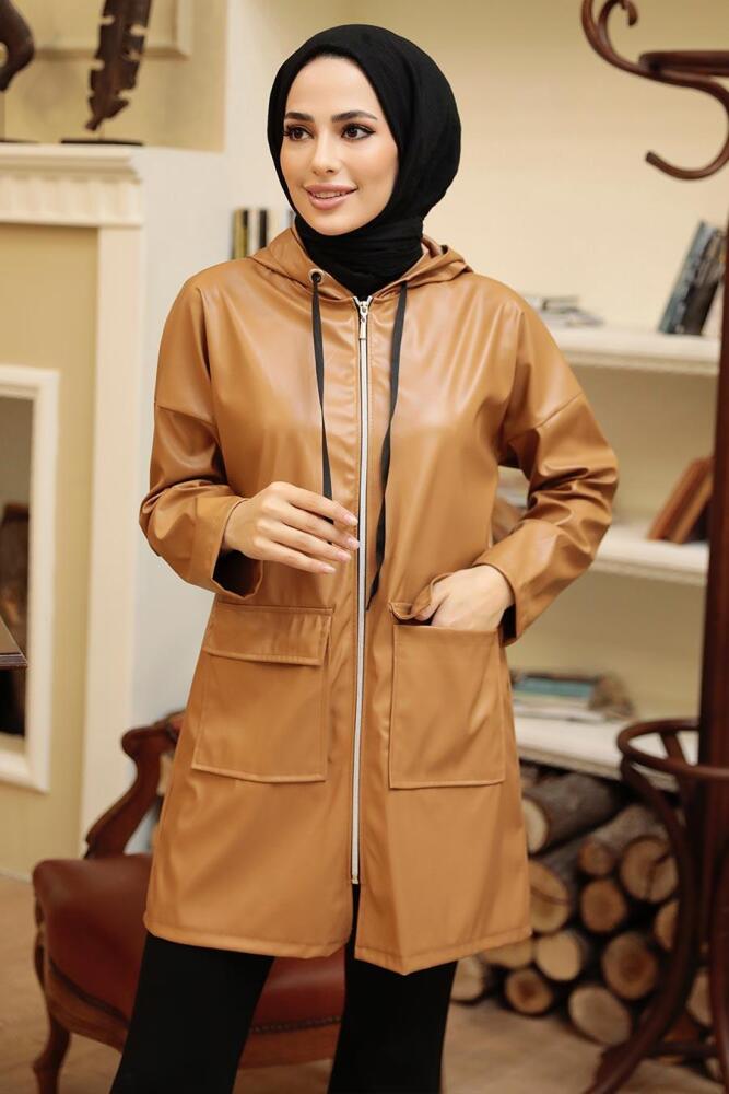 Neva Style - Kapşonlu Bisküvi Tesettür Suni Deri Kap 50153BS - 1