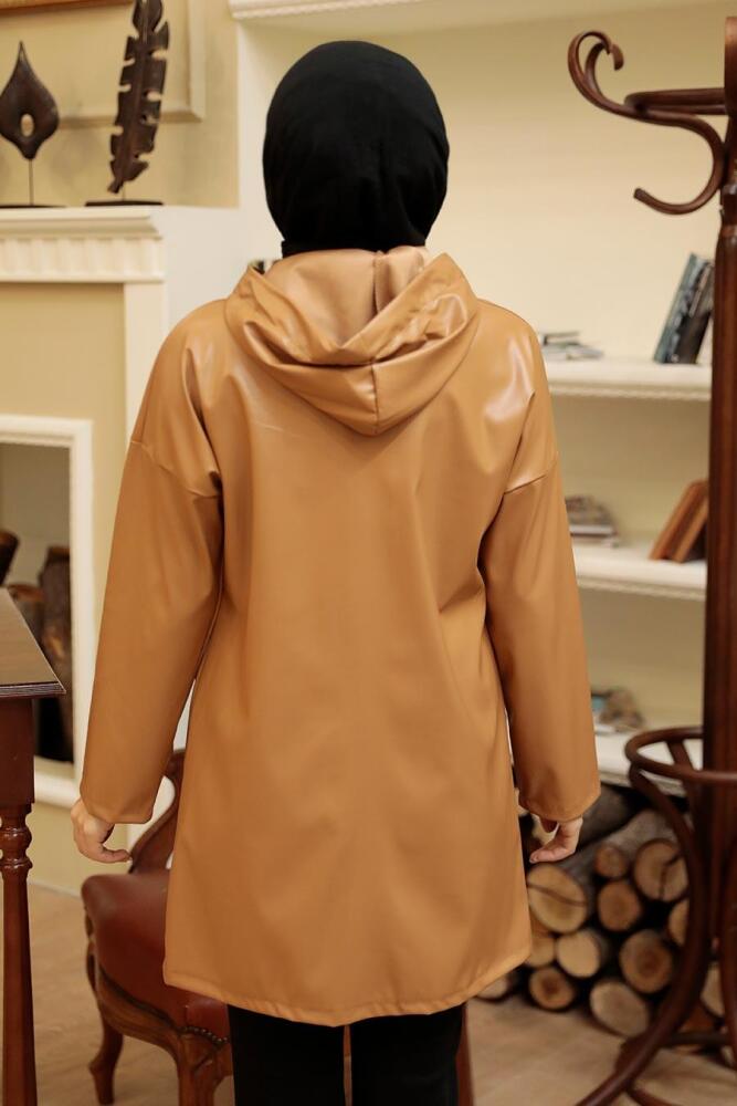 Neva Style - Kapşonlu Bisküvi Tesettür Suni Deri Kap 50153BS - 2