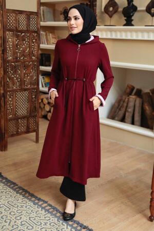 Neva Style - Kapşonlu Bordo Tesettür Kap 5721BR - 1