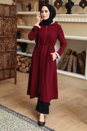Neva Style - Kapşonlu Bordo Tesettür Kap 5721BR - 2