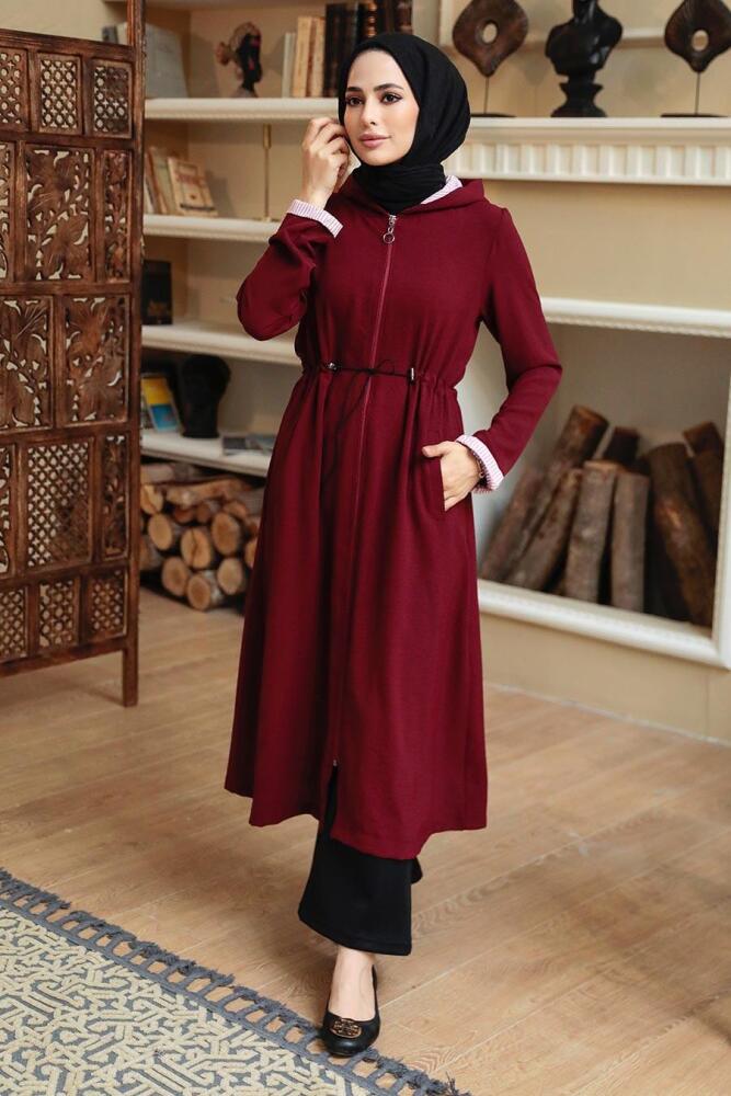 Neva Style - Kapşonlu Bordo Tesettür Kap 5721BR - 2
