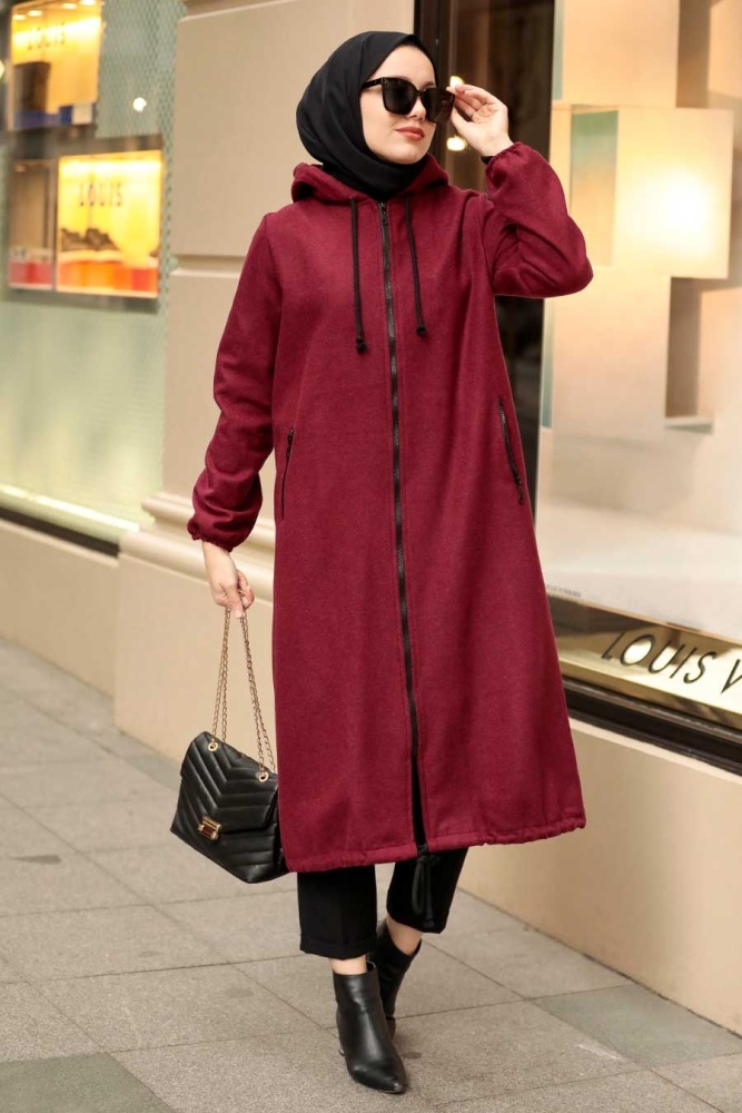 Neva Style - Kapşonlu Bordo Tesettür Kaşe Kap 5664BR - 1