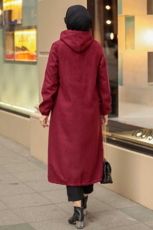 Neva Style - Kapşonlu Bordo Tesettür Kaşe Kap 5664BR - 3