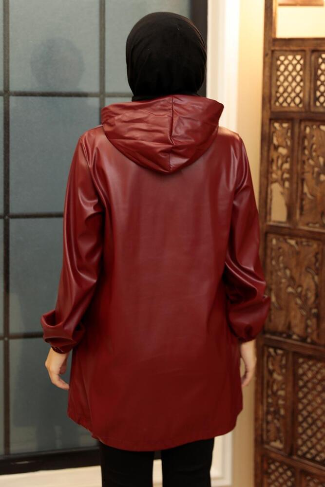 Neva Style - Kapşonlu Bordo Tesettür Suni Deri Kap 50204BR - 2