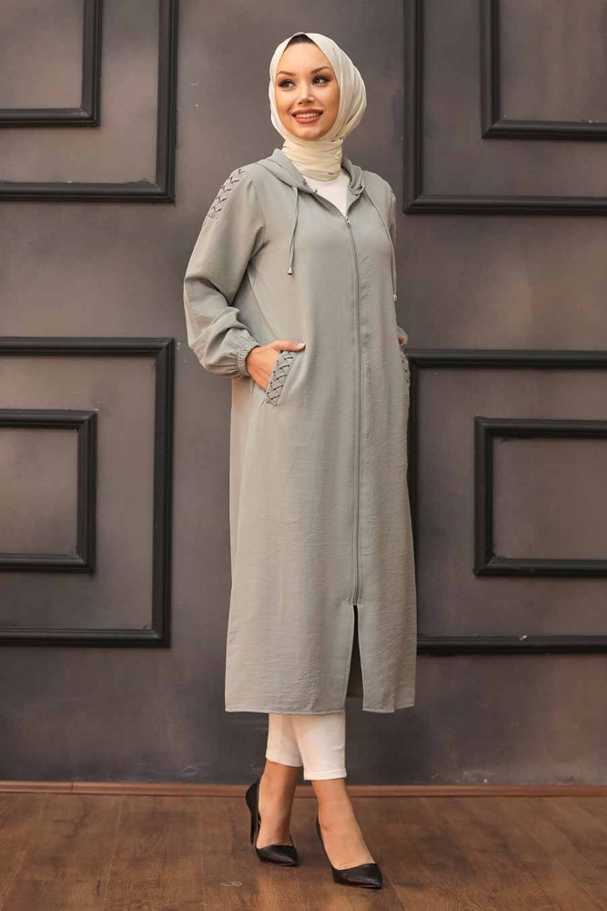 Neva Style - Kapşonlu Çağla Yeşili Tesettür Kap 15630CY - 1