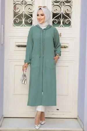 Manteau long à capuche – Vert amande 511CY 