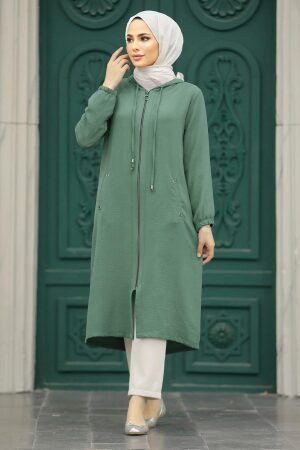 Neva Style - Kapşonlu Çağla Yeşili Tesettür Kap 539CY 