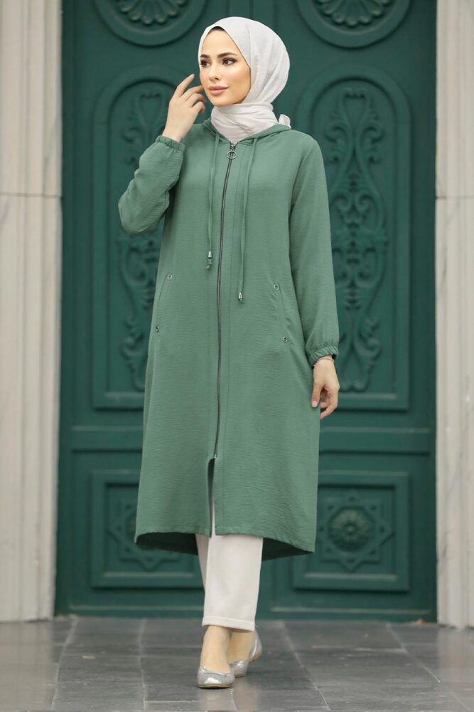 Neva Style - Kapşonlu Çağla Yeşili Tesettür Kap 539CY - 1