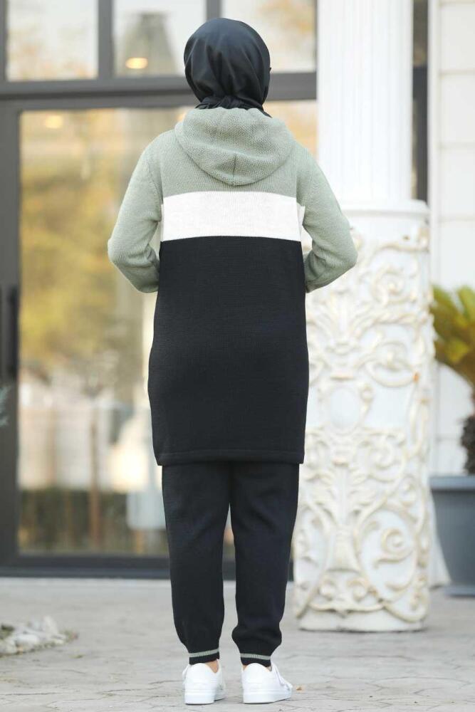 Neva Style - Kapşonlu Çağla Yeşili Tesettür Triko Spor Takım 7107CY - 2